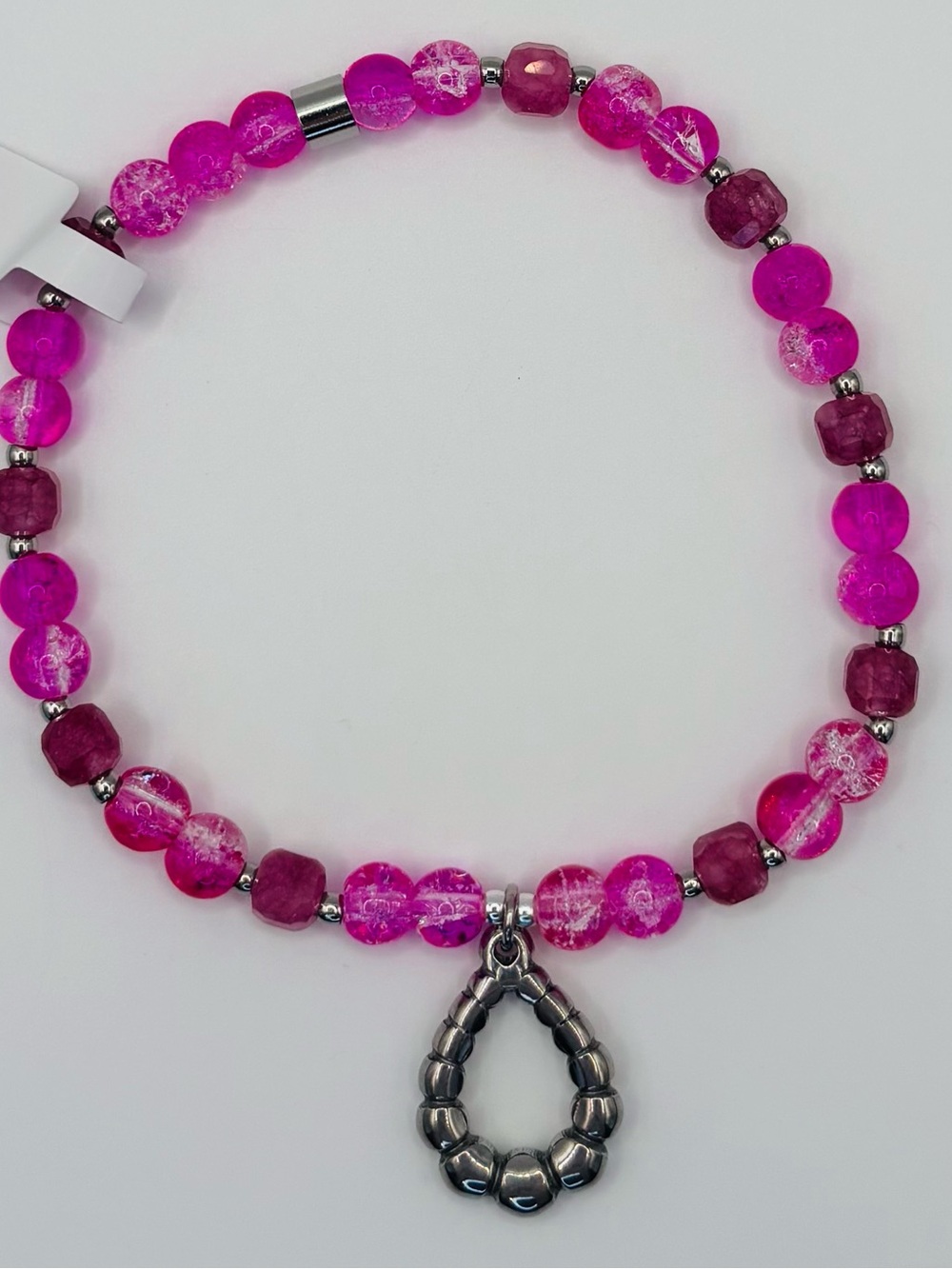 *ANKLET* S.Steel Teardrop & Pink Crackle Stone Stretchy Anklet - Picture 3 of 6